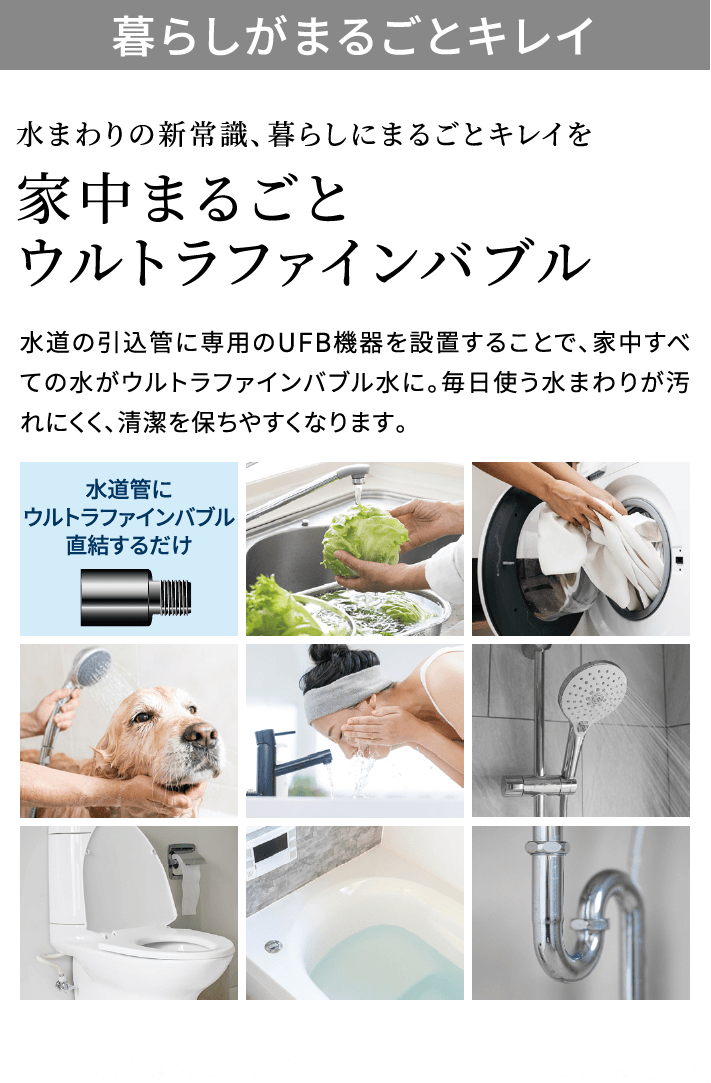 暮らしがまるごとキレイ 水まわりの新常識、暮らしにまるごとキレイを 家中まるごと ウルトラファインバブル 水道の引込管に専用のUFB機器を設置することで、家中すべての水がウルトラファインバブル水に。毎日使う水まわりが汚れにくく、清潔を保ちやすくなります。